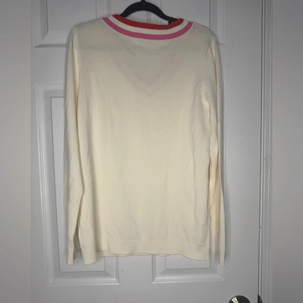 TALBOTS Cable Knit Cream Varsity Sweater Red Pink Stripes‎ Academia Size M